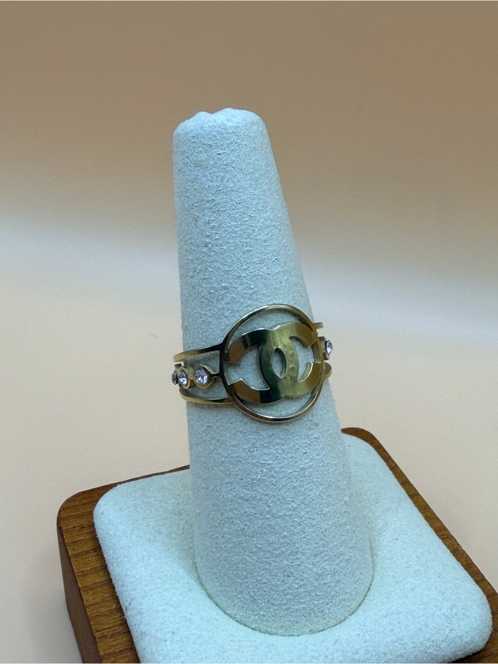 Gold-Tone Stainless Steel Trendy Ring With Rhinestone Accents
